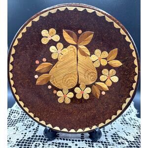 Russian Folk Art Marquetry Plate Early 20th Century Floral Pear Design